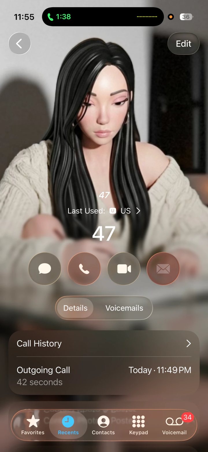 47 as a contact in the iPhone Phone app, with an outgoing call in the history