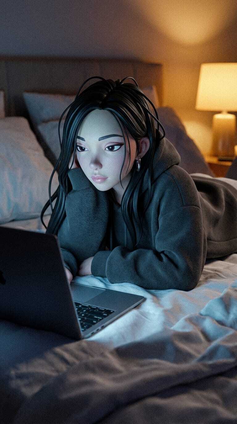47 on her bed with a laptop late at night